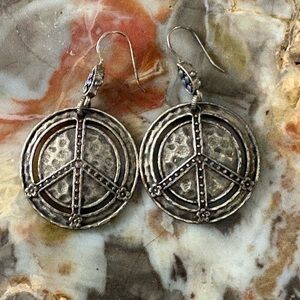 Hammered Silver Beaded Peace Sign Dangle Earrings